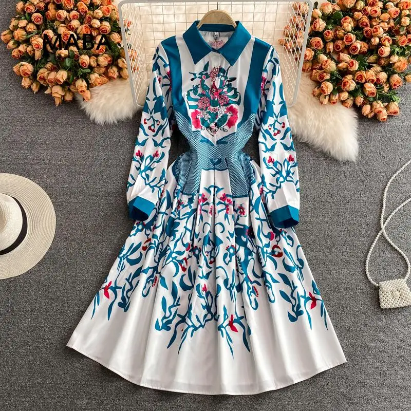 

Vintage shirt dress autumn Womens turn down collar button print medium long dresses elegant vestidos A-line dress Bohemia