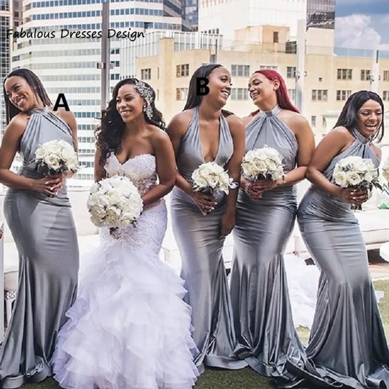 

Excellent High Collar Halter Bridesmaid Dresses African Long Mermaid Women Wedding Party Dress 2021 Vestido De Fiesta De Boda