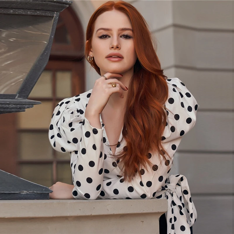 SHEIN x Madelaine белая блузка в горошек с длинными рукавами и бантом, Женская Осенняя блузка с v-образным вырезом, элегантные топы и блузки