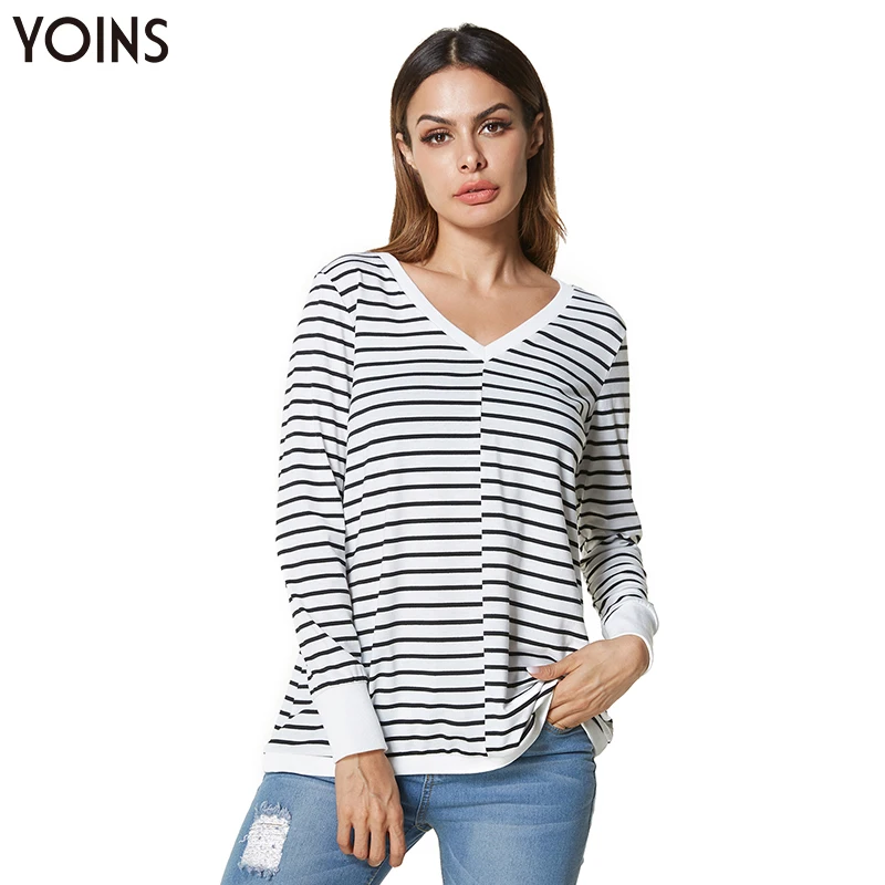 YONIS 2020 Женская Стильная трикотажная блузка в полоску с v образным вырезом и