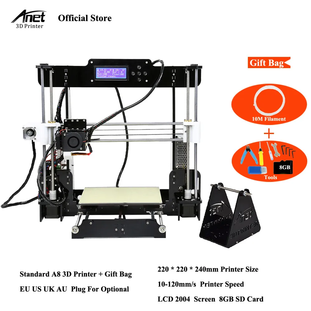3д принтер Легко собрать Анет A6 Анет A8 3D-принтеры Наборы RepRap i3 комплект DIY Наборы 3D печатная машина с SD Card+ нити+ Инструменты 3d принтер - Цвет: standard a8 10M