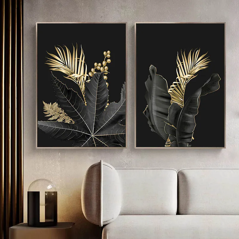 Абстрактная Картина на холсте с изображением золотых растений плакат в