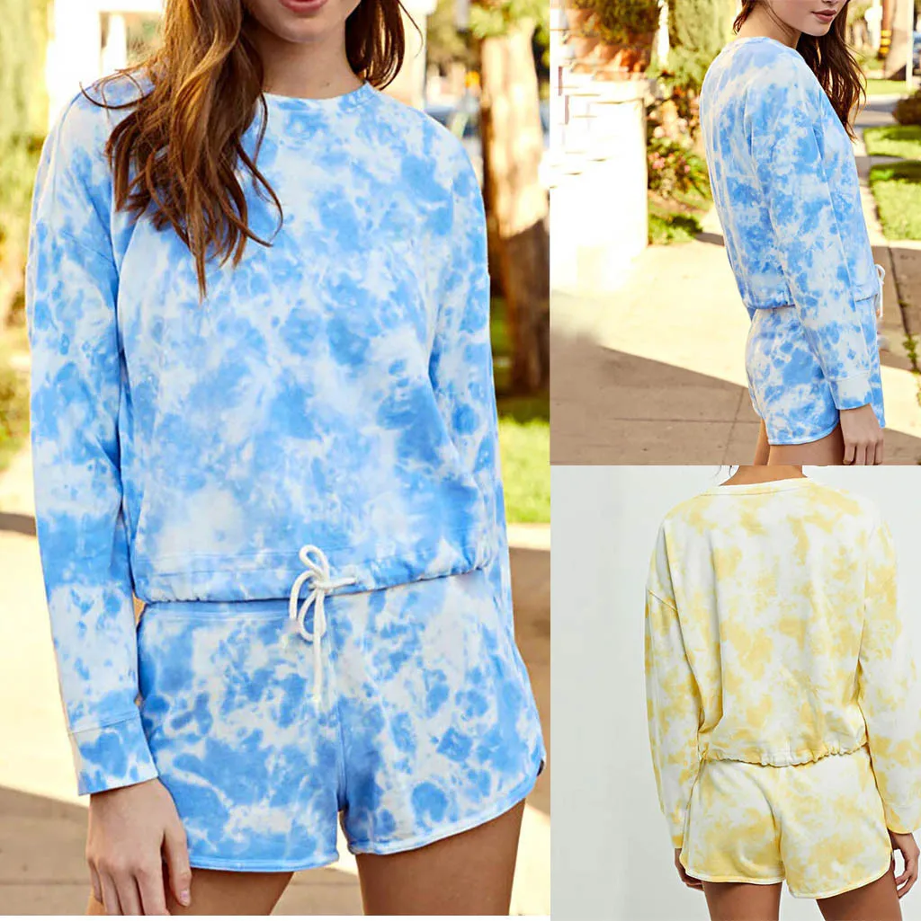 

Fashion Women Tie-dye Printed Two Piece Set Night Lounge Wear Casual Long Sleeve Loose Sweatshirt Tops Pocket Short Sleepwear