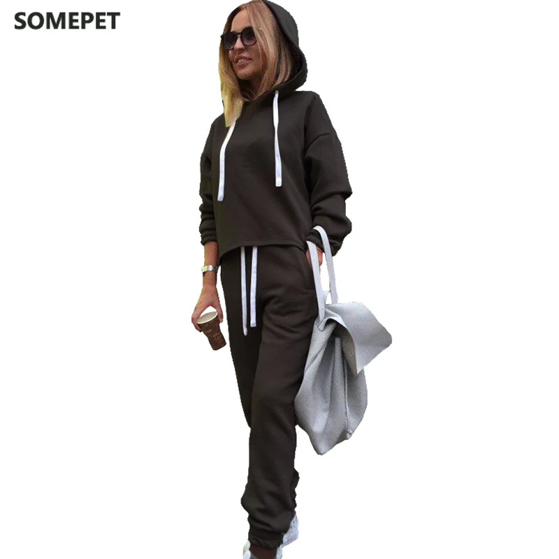 

Womens Tracksuit Set Sportswear Long Sleeve Hoodies+Full Pants 2 Piece Set Solid Casual Women's Sport Suit