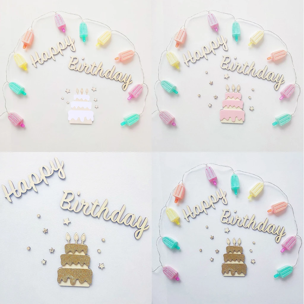 

Wooden Happy Birthday Party Decoration Cake Topper Background Wall Ornaments Signs Stickers Photo Props