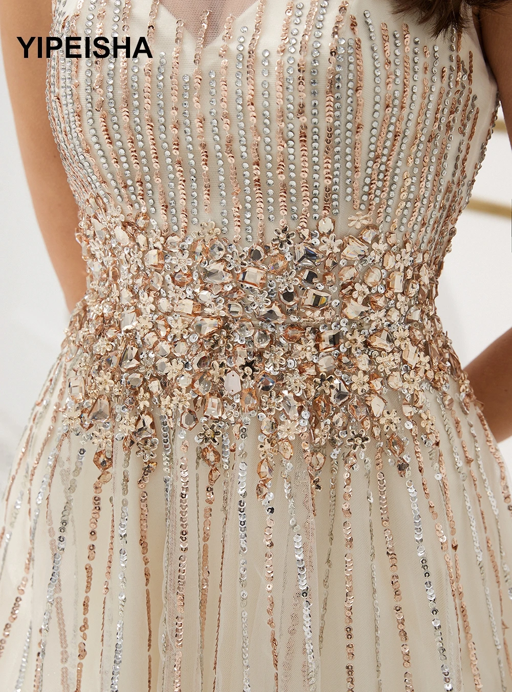 

2021 O-Neck Sleeveless Evening Dresses A-Line Crystal Beading Sequined Tulle Backless Prom Party Gown robe de soire de mariage