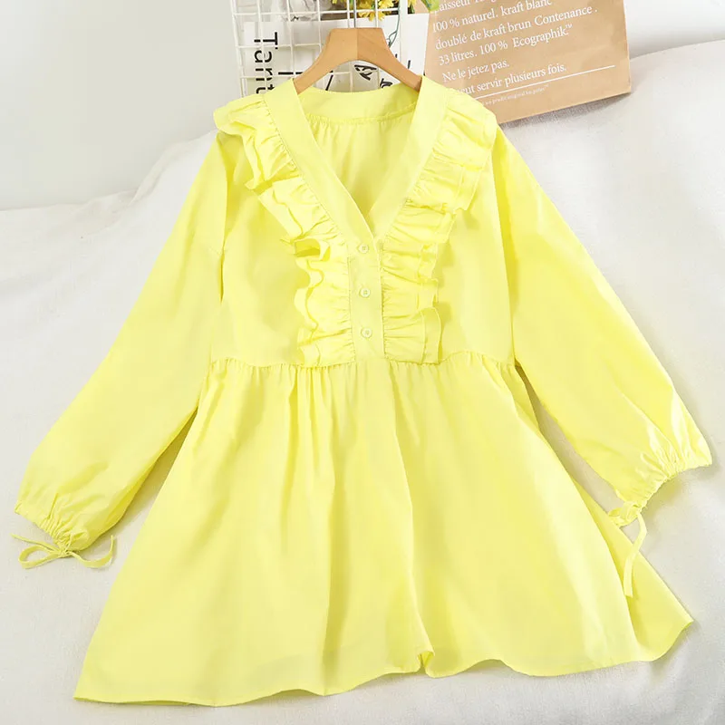 

shirt women's spring and autumn new style chubby mm Korean fashion solid color V-neck bow tie tie up baby shirt fashion