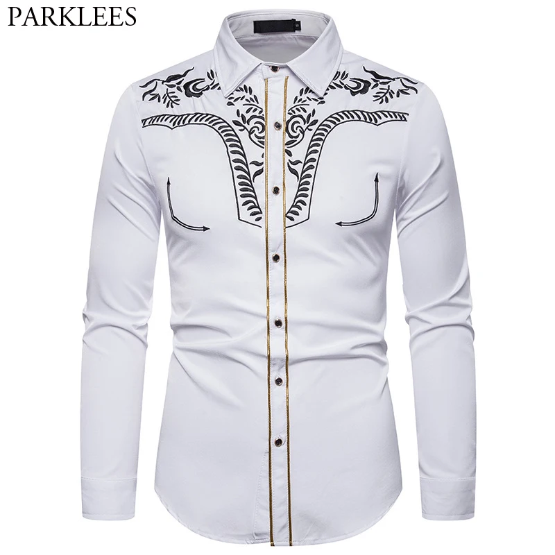 Мужская Ковбойская Повседневная рубашка с вышивкой белая приталенная в западном