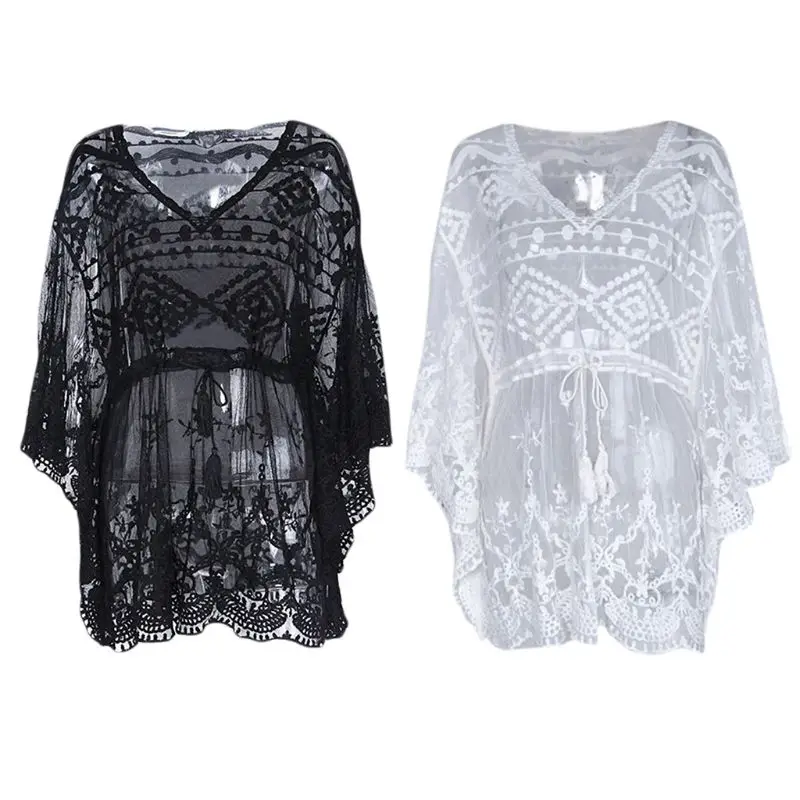 

Women Sexy Sheer Bikini Cover Up Floral Lace Tassel Drawstring Loose Beach Dress