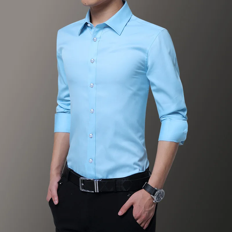 

2021 new long-sleeved shirt men's thin young four seasons solid color slim dress business shirt men's clothes