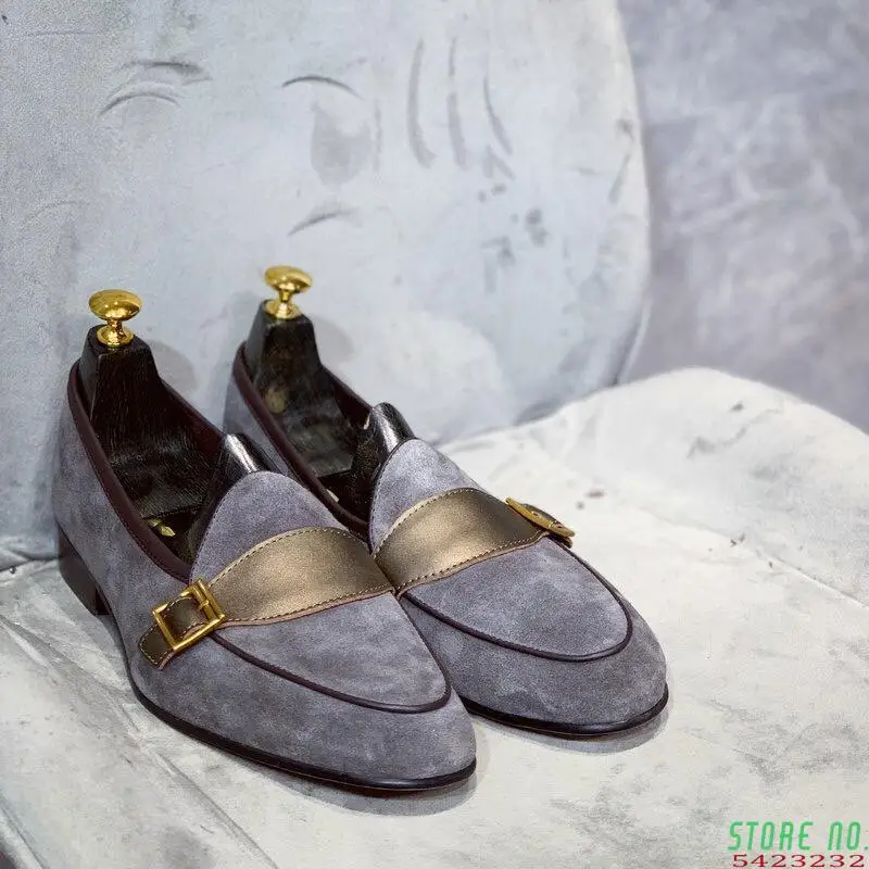 

Men's Handmade Retro Classic Imitation Deerskin Leather Shoes with Brown Buckles Fashion Everyday All-match Casual Shoes HG352
