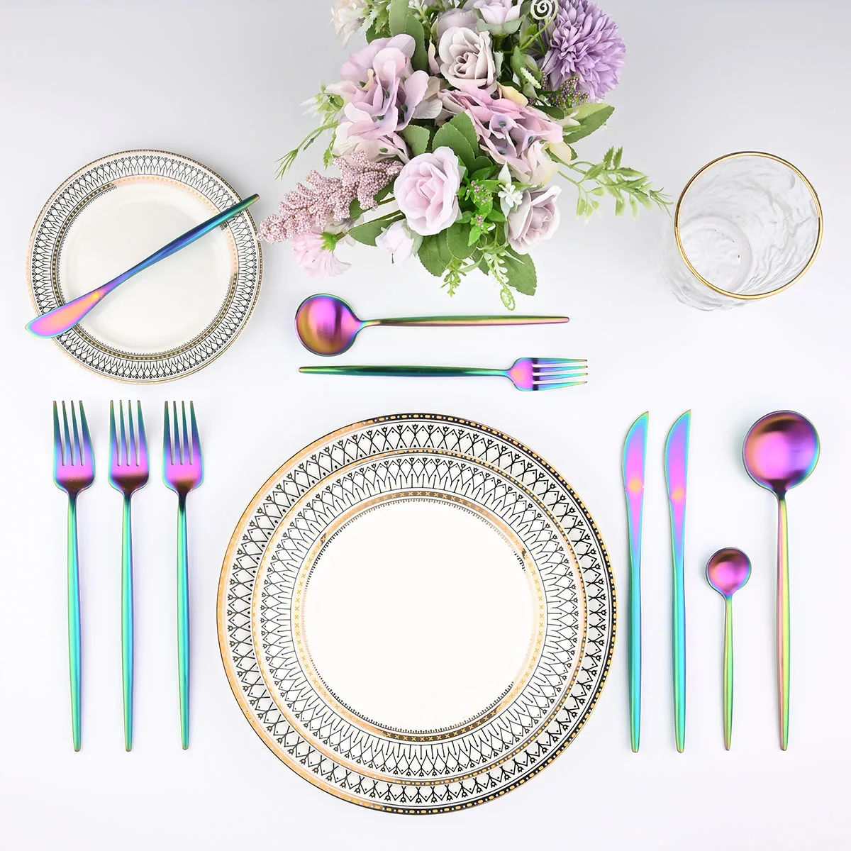 

JANKNG Matte Rainbow Cutlery Set 18/10 Stainless Steel Dinnerware Set Cutlery Set Luxury Tableware Knife Fork Spoon Silverware