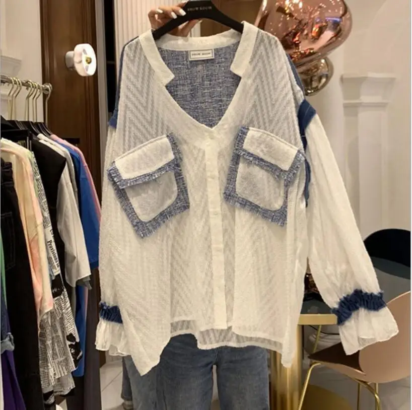 Женская твидовая шифоновая блузка оверсайз свободная рубашка в уличном стиле