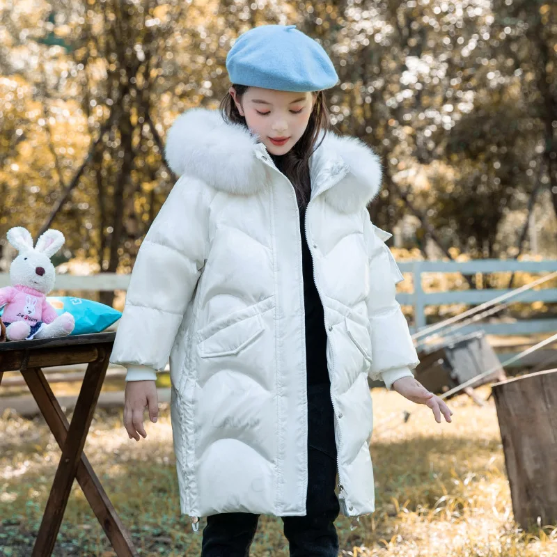 -30 Degrees Winter Girls Down Jacket Warm Snow Outwear Real Fox Fur Collar Children Coat Kids Clothing TZ962