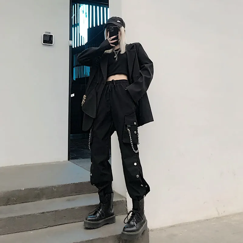 

Women's Summer New Ins Harajuku Style Fried Street Dark Split Ankle Banded Working Chain Casual Wide-Leg Pants