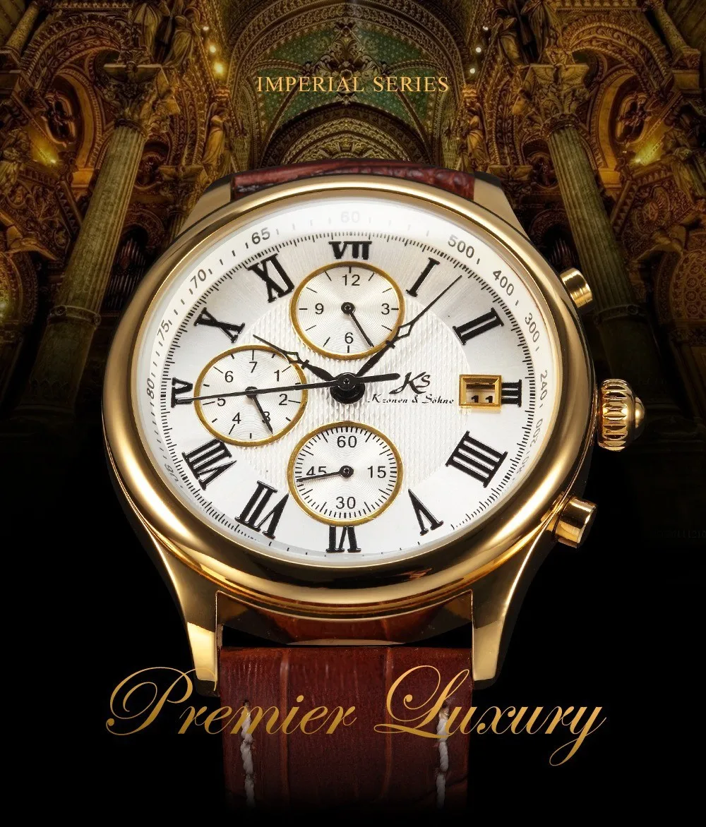 IMPERIAL KS Retro Skeleton 6 Hands Golden Case Luxury Brand Day Month Display Brown Leather Strap Men's Mechanical Watch / KS146