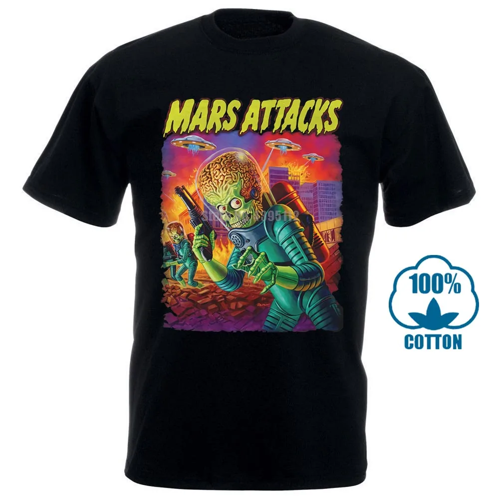 Черный Mars Attacks Movie Мужская футболка атакующий инопланетянин с блюдцем заполненное небо - Цвет: Черный