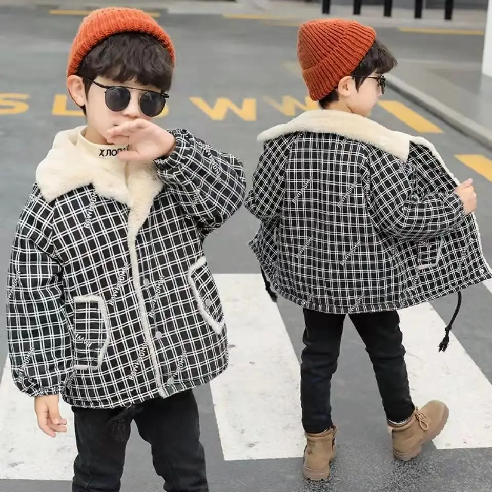 

Kids Boys Plus Velvet Jacket 2021 New Children's Fall And Winter Clothes Plaid Western Style Jacket Thick Coat Boy