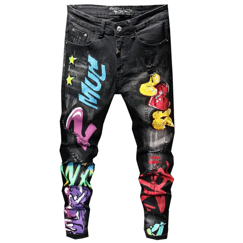

Autumn and winter new cat men's slim wash jeans black print tight stretch men's pants