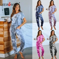 sebowel summer woman sets casual tie dye print loungewear short sleeve t shirts drawstring pants with pockets pajamas set s xl