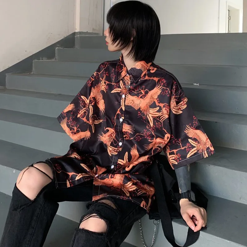 

Gothic Style Printed Shirt Chic Short Sleeve Women Blouses Fashion Casual Turn-down Collar Tops