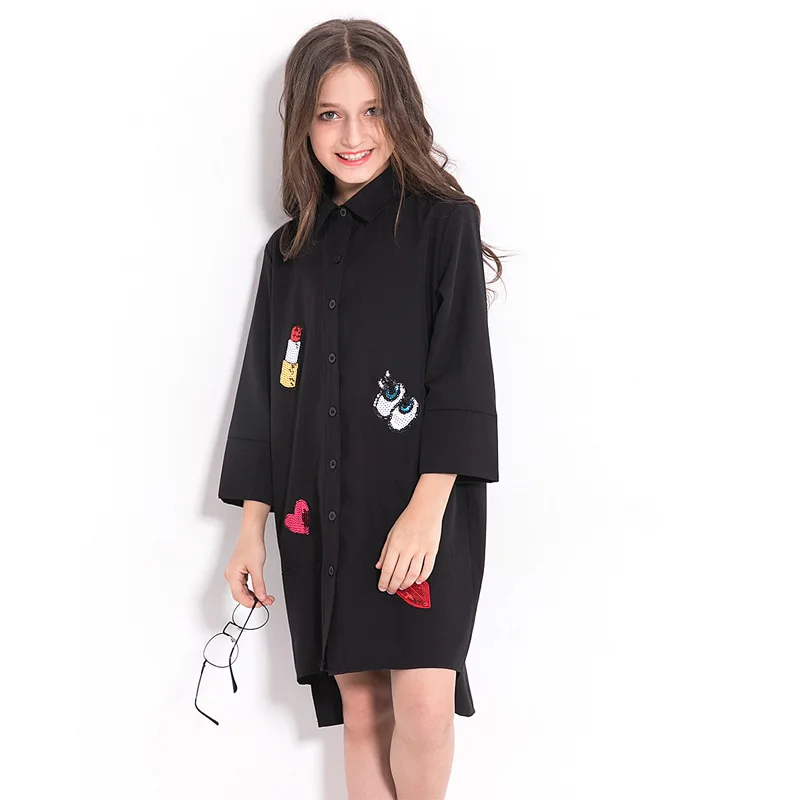 

Платье-рубашка для девочек-подростков, весеннее детское платье с аппликацией и мультяшным принтом, костюм для девочек 8, 10, 12