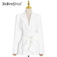 twotwinstyle casual patchwork sashes blazer for women notched long sleeve elegant white blazers female fashion new clothing 2021