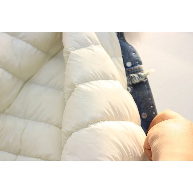 

Removable Big Fur Collar + Down Liner Denim Jacket Coat Women Winter Thick Warm Beading Jeans Jacket Female Loose Short Outwear