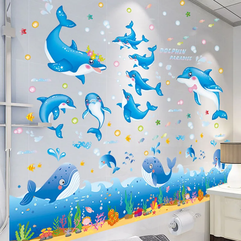 

Whales Dolphins Wall Stickers Vinyl DIY Ocean Fish Seagrass Wall Decals for Kids Rooms Children Nursery Bathroom Home Decoration