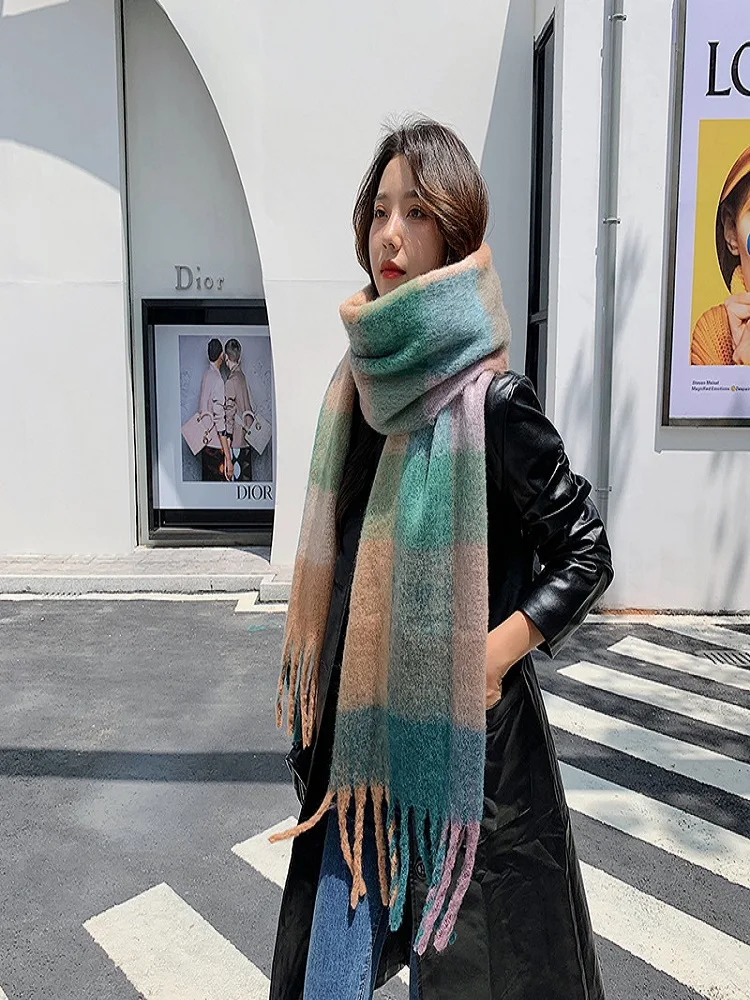 

2021 New Thickened Plaid Scarves Autumn and Winter Thicken Warm Shawl Unisex Tassel Colored Imitation Cashmere Neck Scarves
