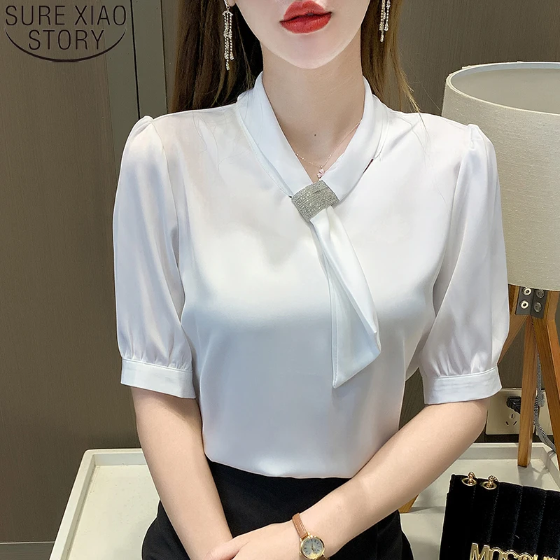 

Gentle Office Lady Loose Blusas Fashion Lace-up Blouse 2023 Summer Blouse Women Tops Short Sleeve Solid Fashion Bow Blosue 13907