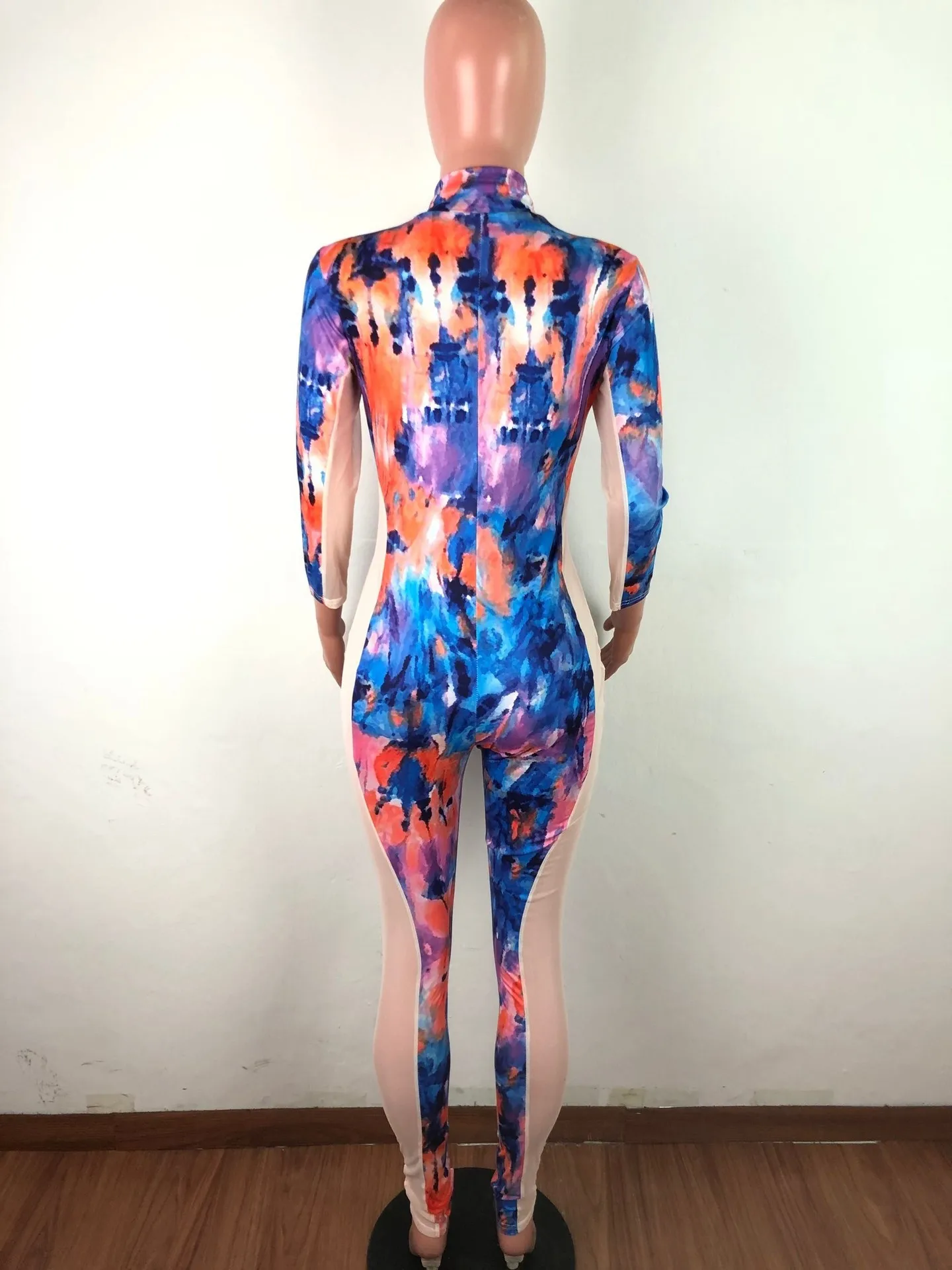 

HAOOHU Tie Dye Print Mesh Sheer Splice Rompers Women Jumpsuit Sexy Costume One Piece Club Outfits Slim Zip Up Bodycon Overalls