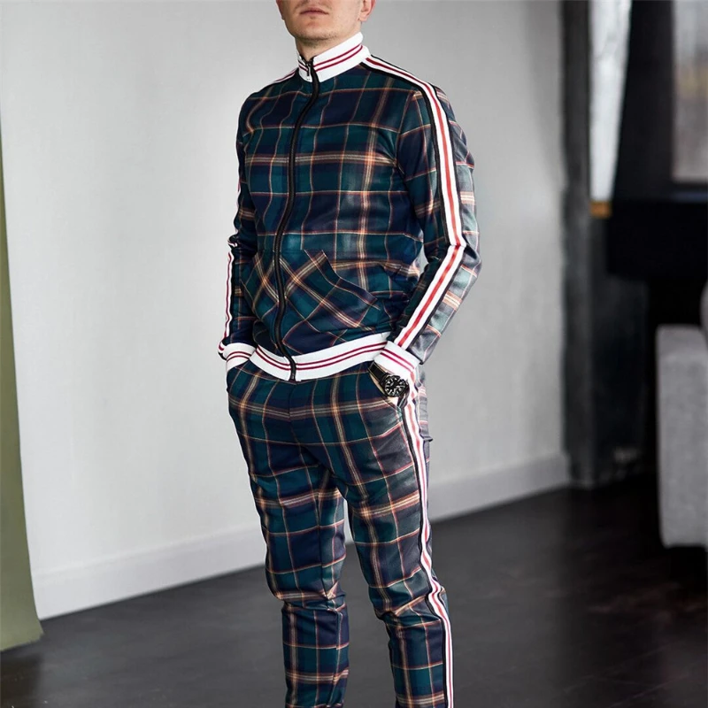 

Мужской спортивный костюм весна-осень, модный клетчатый спортивный костюм, повседневный комплект из двух предметов, мужской спортивный кос...