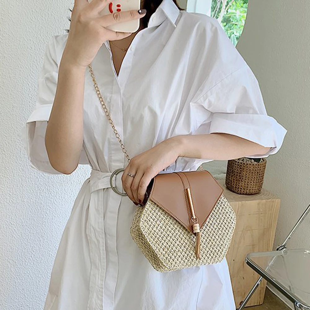 Стильные соломенные сумки через плечо шестиугольной формы для женщин модные