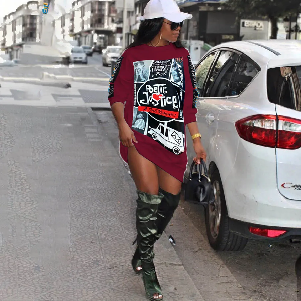 New Fall Winter Women's Dresses Letter Character Cartoon Print O-neck Long Sleeve Sweatshirts Slim Mini Abiti Dress