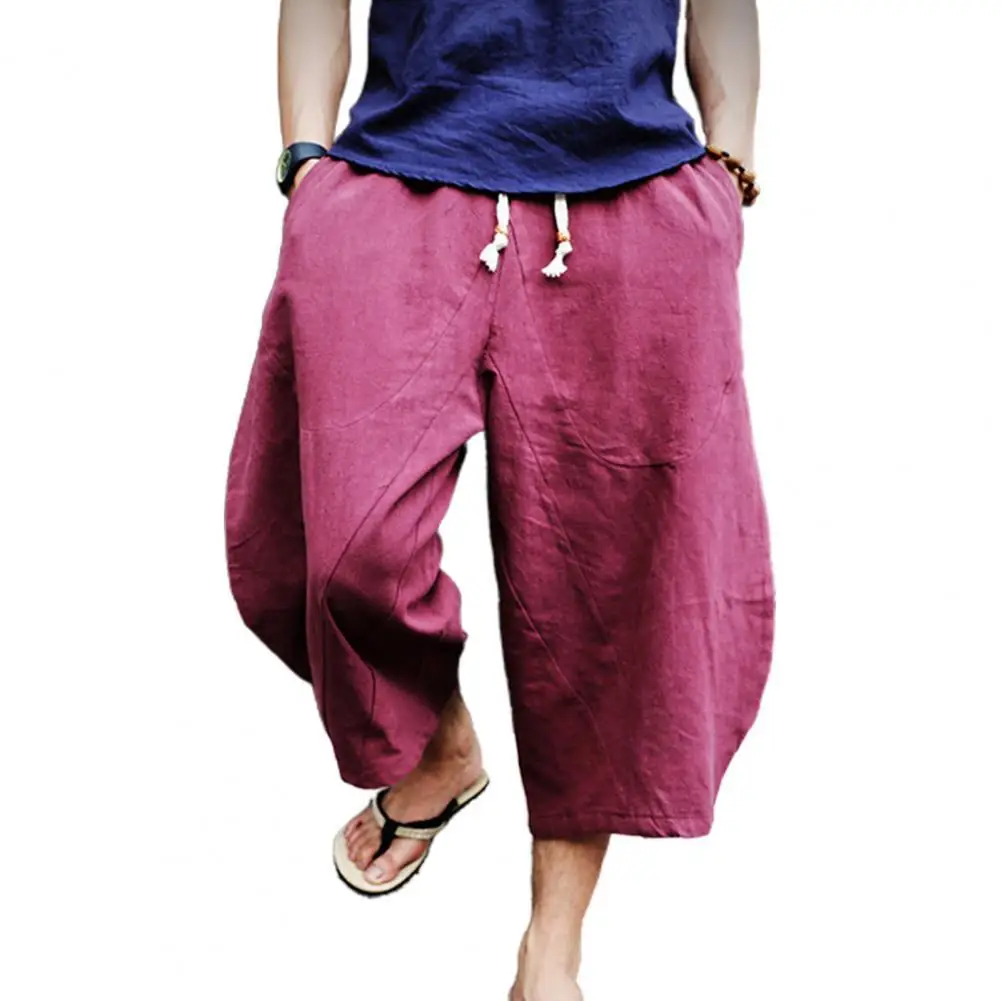 

Capri Pants Solid Color Drawstring Men Casual Loose Mid Rise Pockets Trousers for Daily Wear