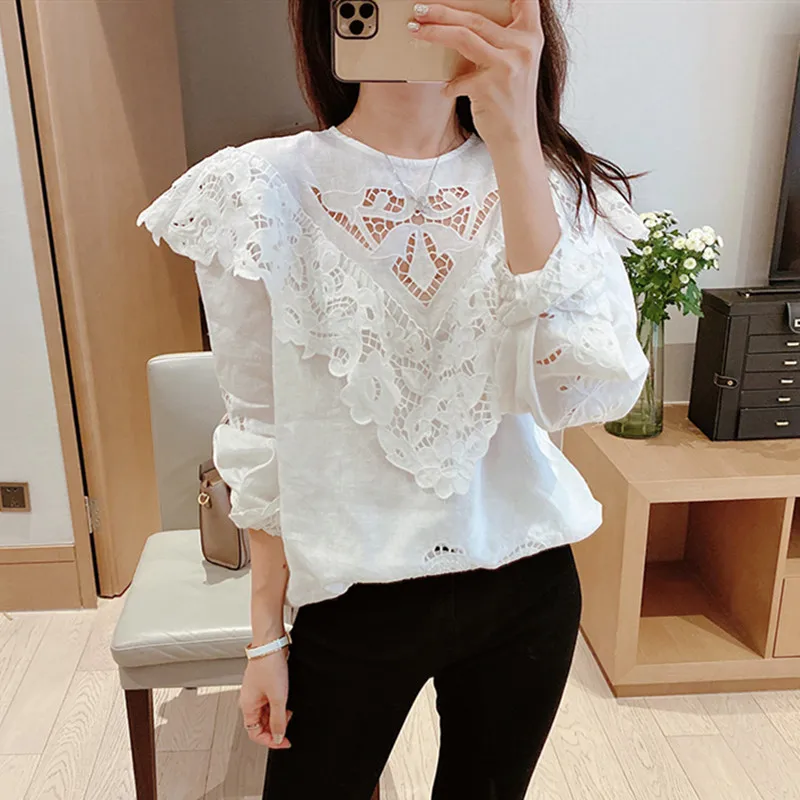 

Женская кружевная блузка, ажурная льняная блузка с длинным рукавом и вышивкой, весна 2021