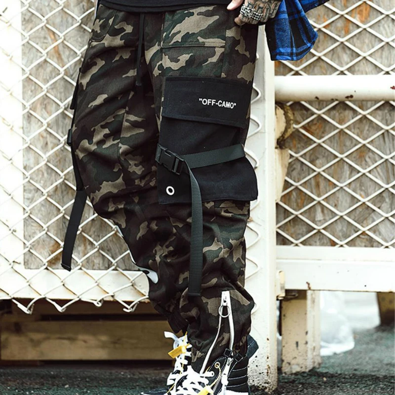 

2020 Men's Camouflage Joggers Pants Hip Hip Streetwear Ribbons Cotton Cargo Pant Trousers Elastic Waist Casual Harem Pants Loose
