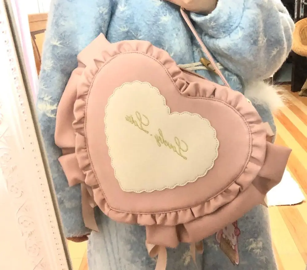 

Sweet Candies Harajuku Lolita Heart-shaped PU Commuter Handbag Cosplay Soft Girl Kawaii Bow Ruffles Love Uniform Shoulder Bags