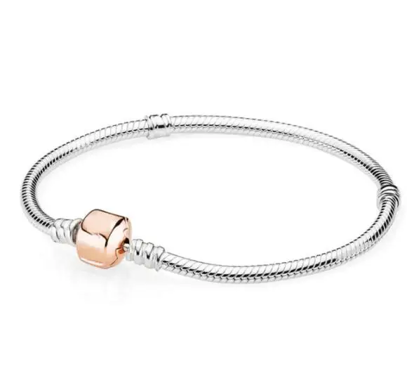 

925 Sterling Silver Rose Gold Snake Chain Lobster Barrel Clasp Pan Bracelet Bangle Fit Women Bead Charm Diy Jewelry