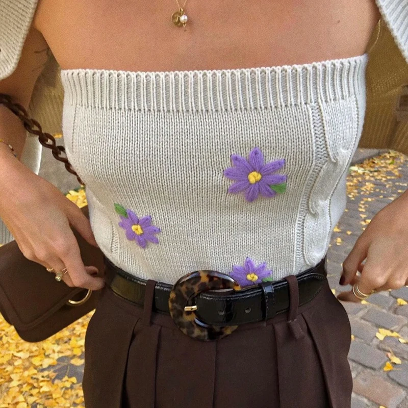 

Rapwriter y2k Floral Tube Top Knitted Patched Mini Vest Sleeveless Crop Top Vintage Streetwear Women Harajuku Clothing Autumn
