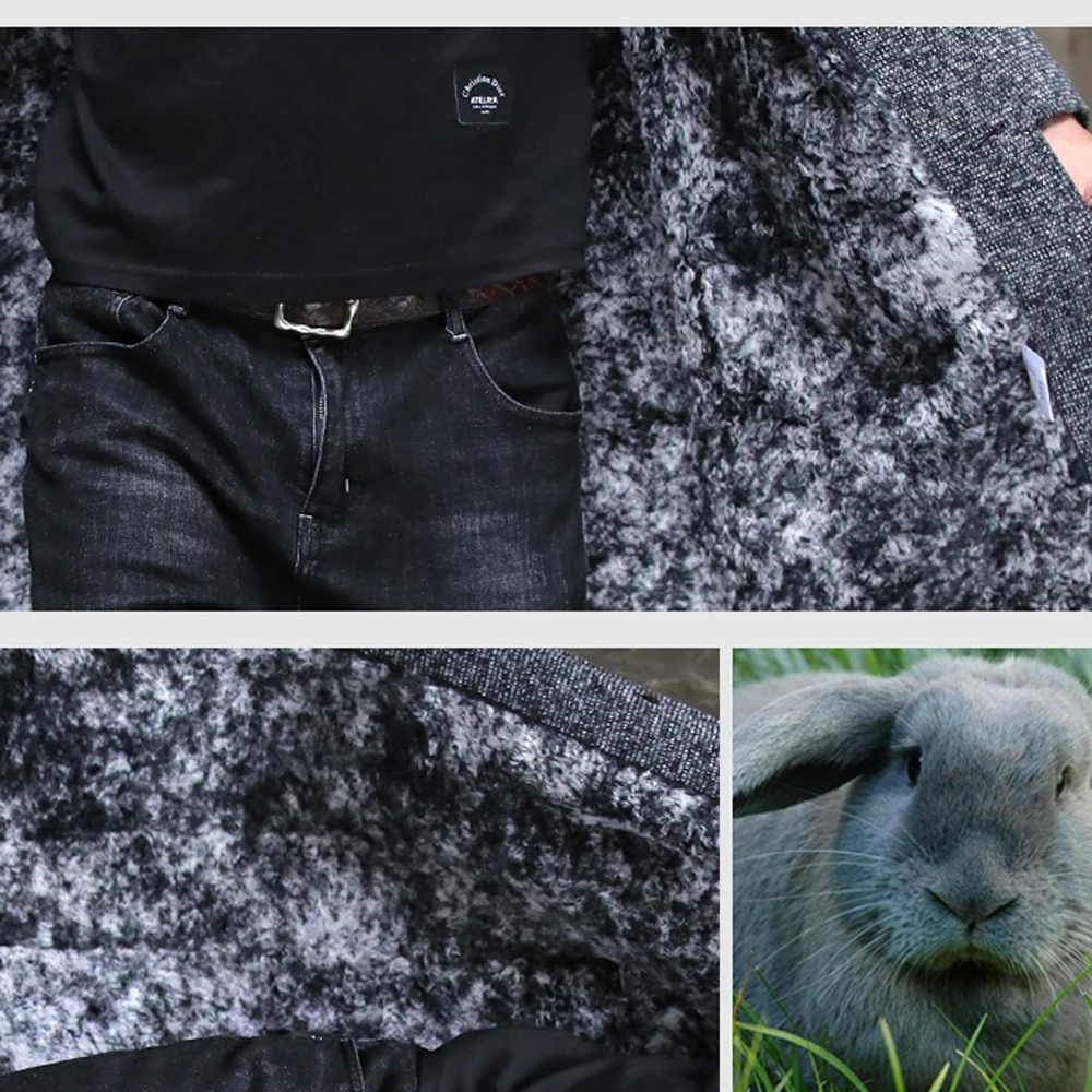 2019 Мужская Зимняя шерстяная одежда серый длинноворсовый мех кролика куртки на