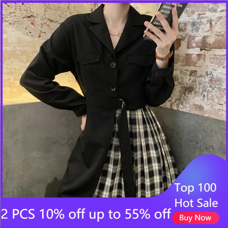 

Женское платье в клетку, Свободный Повседневный костюм с V-образным вырезом, Платья Миди