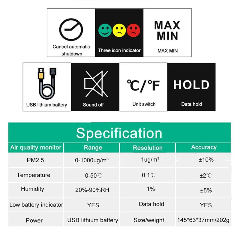 Digital Air Quality Monitor PM2.5 Meter Temperature And Humidity Monitoring Sensor Gas Analyzer Color Screen | Инструменты