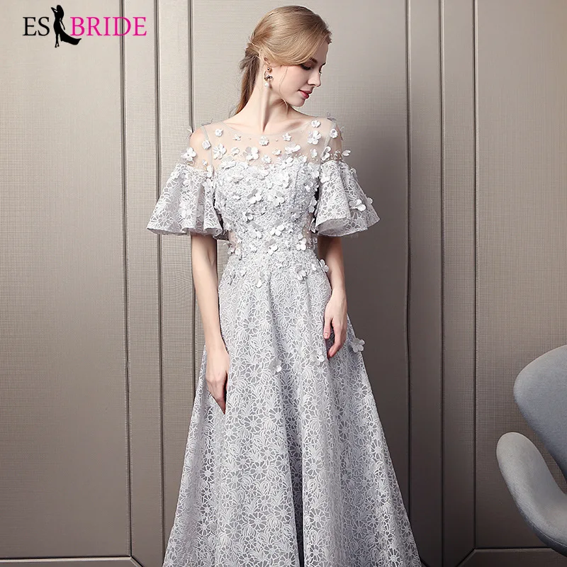 Элегантные кружевные вечерние платья ES2936 трапециевидной формы с круглым вырезом