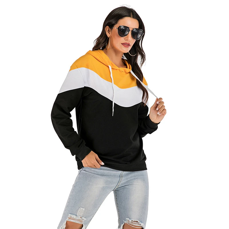 Black White Yellow Patchwork Colors Women's Hoodies Autumn Winter Casual Long Sleeve Hooded Sweatshirt For Woman Pullover Tops | Женская