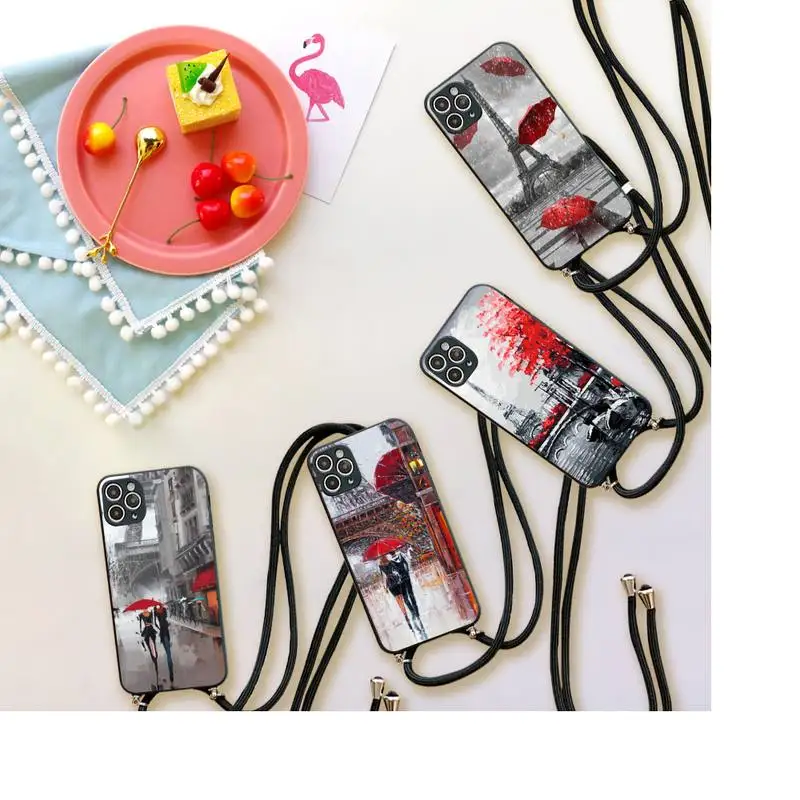 

London Paris New york Lover Autumn Phone Case For iPhone 7 8 11 12 X XS XR MINI Pro Max Plus Strap Cord Chain Lanyard soft