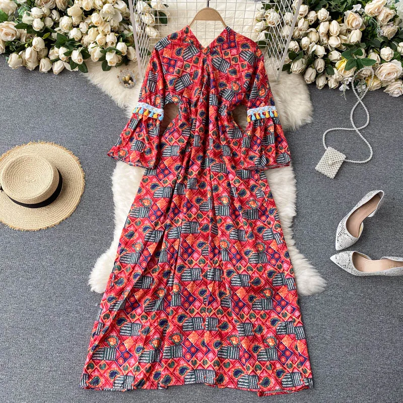 

Casual Trendy Bohemia Nationality Prints V-neck Tassels Loose Dress Single Breasted Flare Sleeve Holiday Long Dress