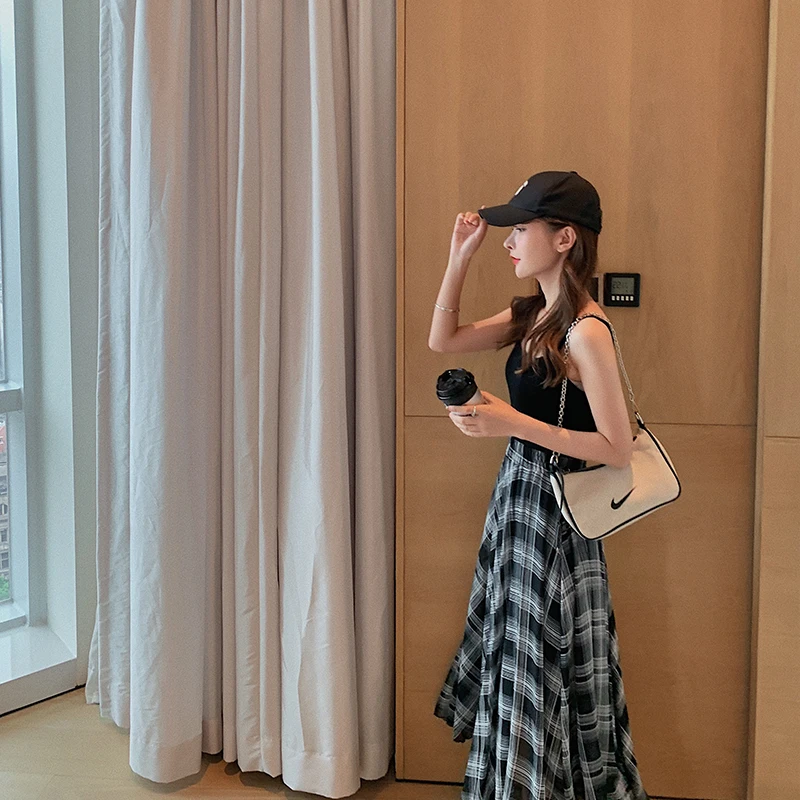 Women Long Chiffon Plaid Skirt Summer Autumn Elegant Runway Korean Skirts for Casual Office School Fashion | Женская одежда