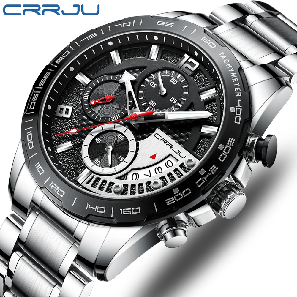 

CRRJU Watches for Men Top Brand Gents Chronograph Waterproof Stainless Steel Strap Quartz Silver Colour Wristwatch with Calendar